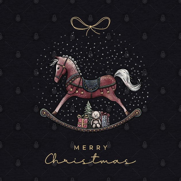 Merry Christmas lettering with Rocking Horse illustration, cute bear, gifts and Christmas tree on a blue snow background. by ChrisiMM
